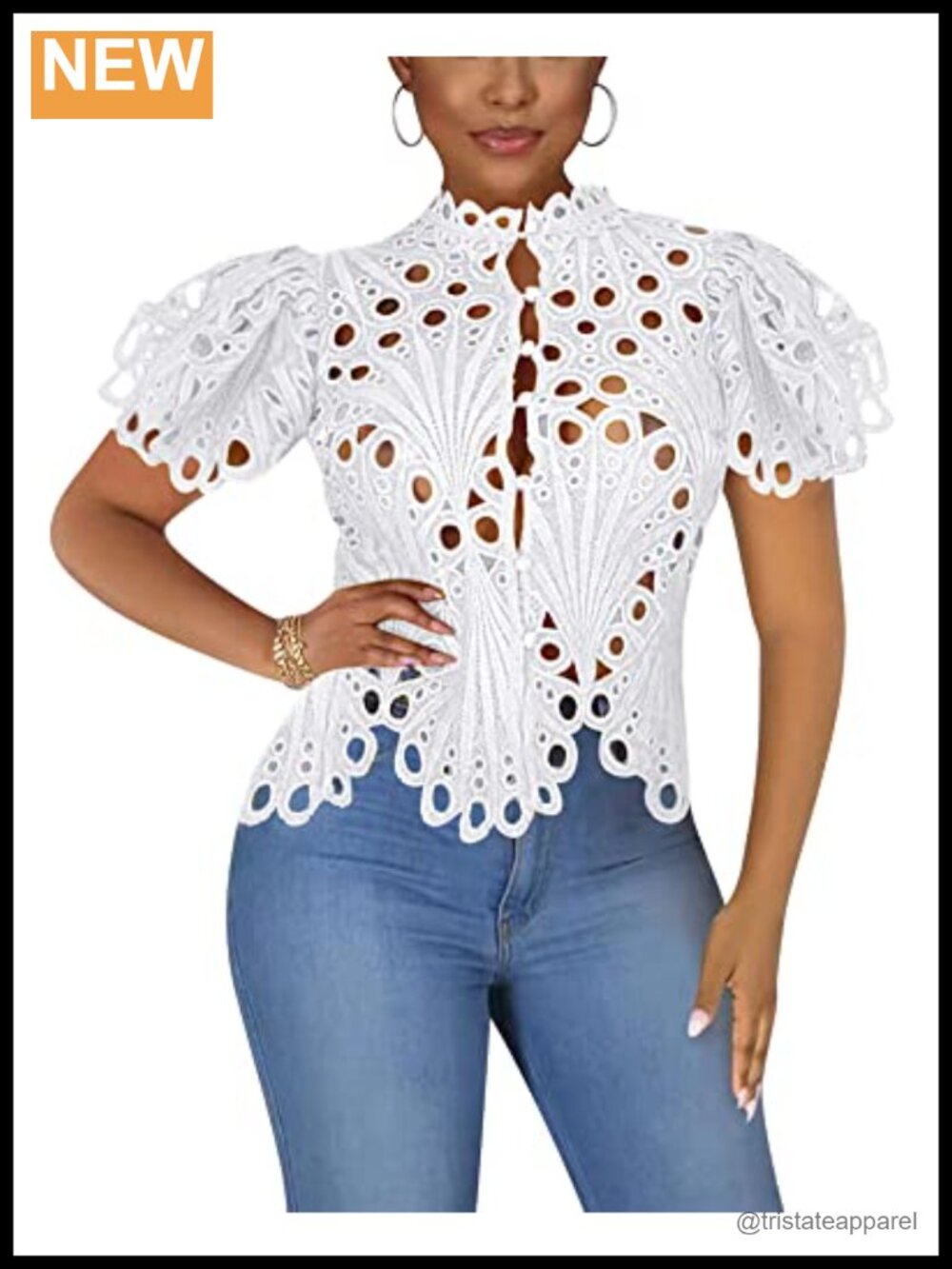 Lace Ruffle Puff Sleeve Button Down Blouse